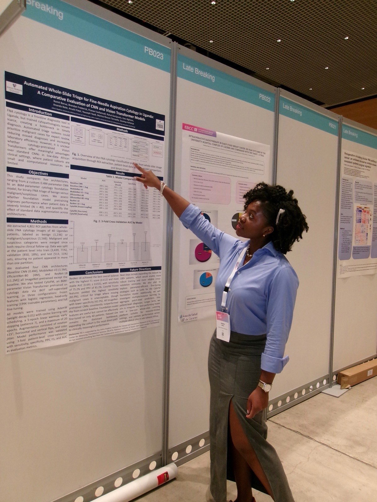 Ananda Nole pointing to a research poster at the European Breast Cancer Conference